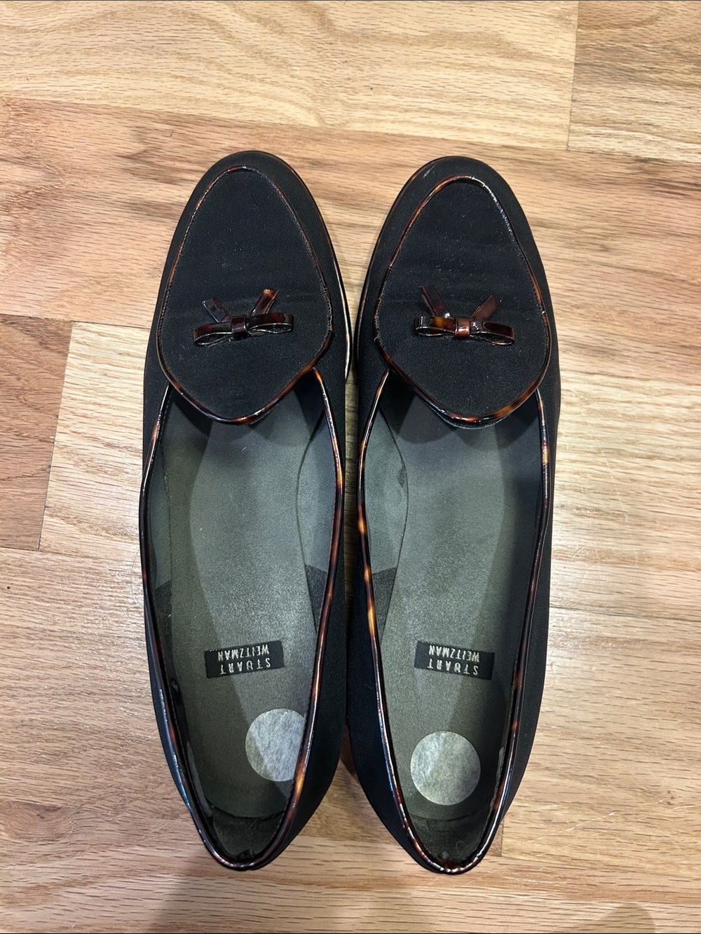 Stuart Weitzman Black Loafers with Tortoiseshell Trim and Bow